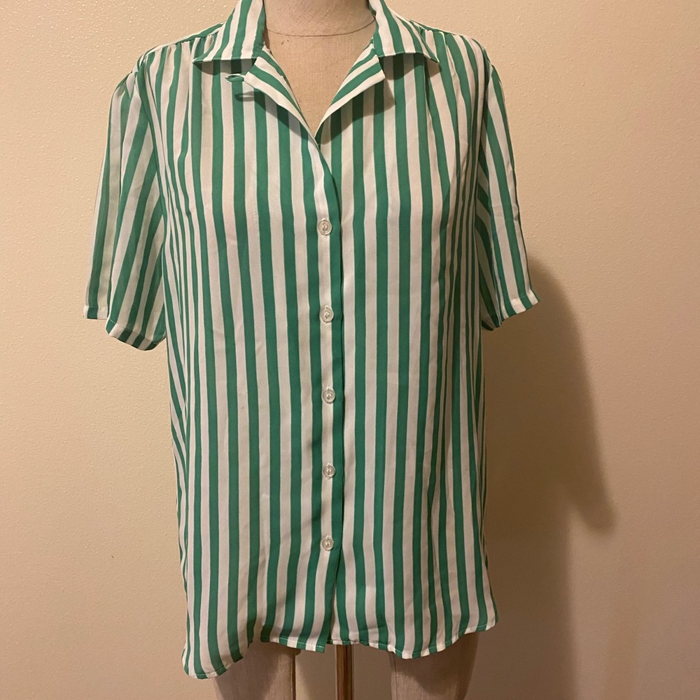 Green and White Vertical Stripe Button-Up Shirt